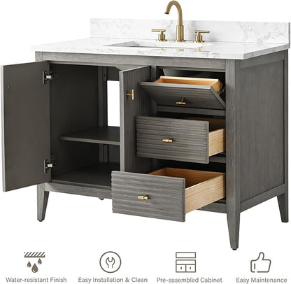 HOMEBEYOND 42" Bathroom Vanity with Sink, Solid Wood Bathroom Vanity Free-Standing Cabinet, Drawers, Ceramic Top & Soft Closing Door, Golden Brushed Handware, Driftwood Gray