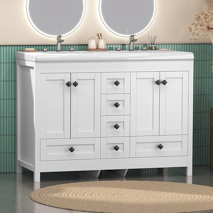 48 Inch Bathroom Vanity with Sink, Bathroom Vanity Cabinet with Doulble Sink, White Bath Vanities with 4 Doors and 6 Drawers (20" D x 48" W x 36" H)