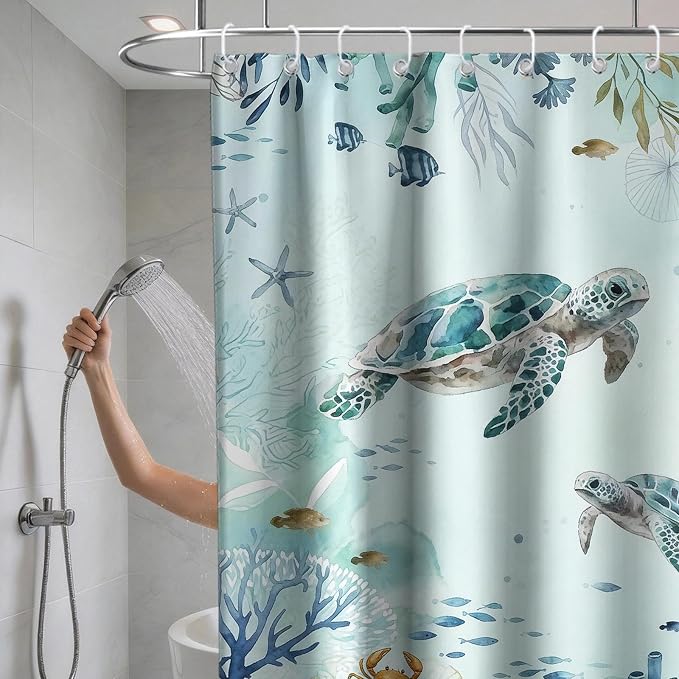 Cute Ocean Sea Turtle Shower Curtain Modern Nautical Kids Tropical Luxury | Nature Shower Curtains for Bathroom, Waterproof Bath Curtain with Hooks Machine Washable Bathtub Curtains 72x84 Inch Blue