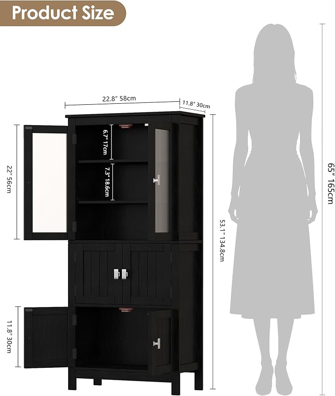 Akxomel 53.1" Tall Bathroom Cabinet 6 Doors Linen Floor Storage Cabinet | Bathroom Floor Cabinet with Adjustable Shelf, Pantry Cabinet for Living Room, Kitchen, Entryway, Black