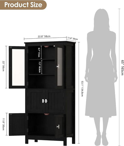Akxomel 53.1" Tall Bathroom Cabinet 6 Doors Linen Floor Storage Cabinet | Bathroom Floor Cabinet with Adjustable Shelf, Pantry Cabinet for Living Room, Kitchen, Entryway, Black