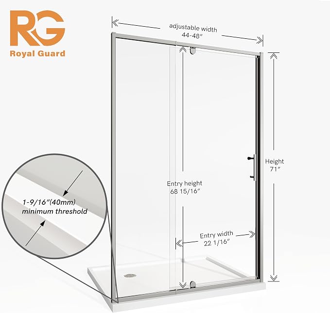 Royal Guard 44-48" W x 71" H Pivot Swing Glass Shower Door,Chrome | Shower Doors with 4-Inch Adjustable Width, 6mm SGCC Tempered Glass, Reversible Installation,Magnetic Closing,Easy to Clearn