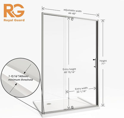 Royal Guard 44-48" W x 71" H Pivot Swing Glass Shower Door,Chrome | Shower Doors with 4-Inch Adjustable Width, 6mm SGCC Tempered Glass, Reversible Installation,Magnetic Closing,Easy to Clearn