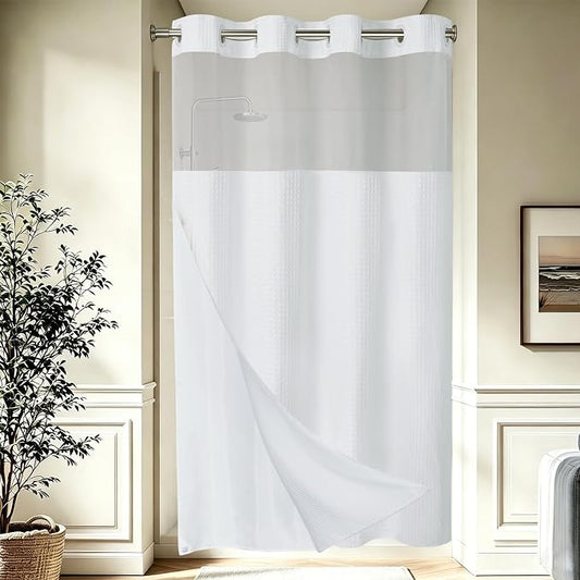 EUTXL Heavyweight Stall No Hook Shower Curtain with Snap in Liner,256GSM Waffle Weave Shower Curtains for Bathroom,54W x 80H,White