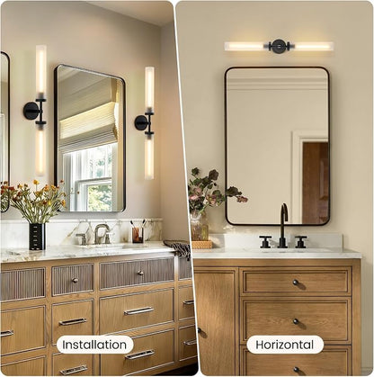 30" 2 Lights Hardwired Frosted Glass Bathroom Wall Sconces, Handmade Knurled Black Wall Light Fixture,Modern Vanity Light for Living Room,Hallway, Bedroom, Indoor Wall Lamp, Bulb Included
