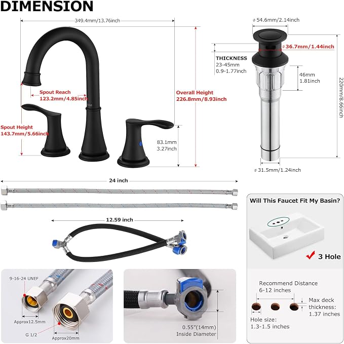 Matte Black Widespread Bathroom Sink Faucet 8 Inch for Vanity | with All Metal Pop Up Drain, High Arc 2 Handle Lead-Free Deck Mount Bathroom Faucet for 3 Hole Lavatory Utility Sink