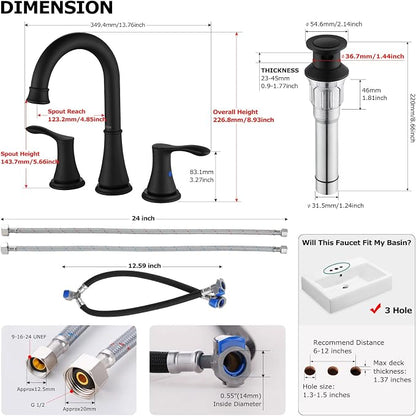 Matte Black Widespread Bathroom Sink Faucet 8 Inch for Vanity | with All Metal Pop Up Drain, High Arc 2 Handle Lead-Free Deck Mount Bathroom Faucet for 3 Hole Lavatory Utility Sink