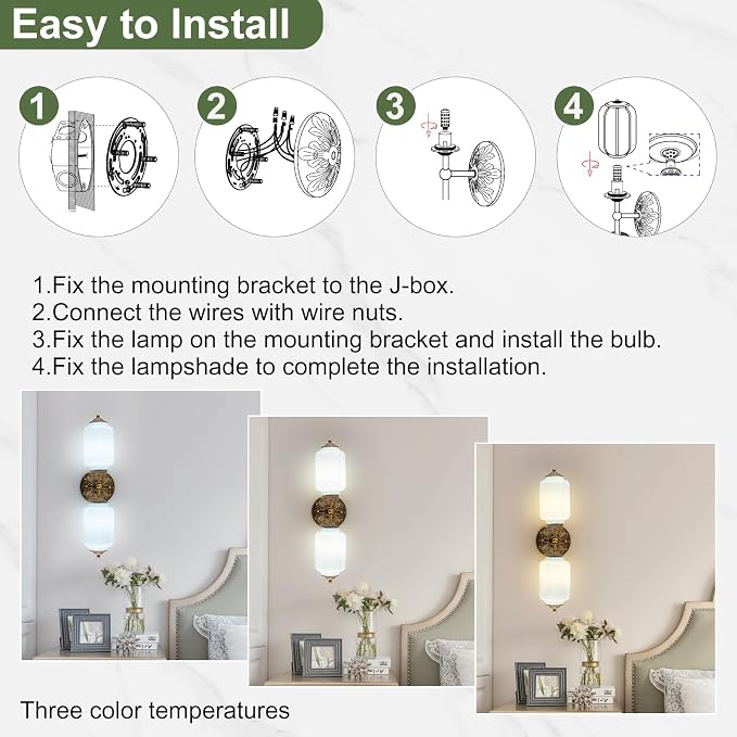 Vintage Milk Glass Bathroom Vanity Light, 2-Light Vintage Wall Sconce with Antique Brass Finish Base & Mint Blue Glass Shad, Wall Sconce Lighting for Mirror, Living Room, Gallery (Bulbs Included)