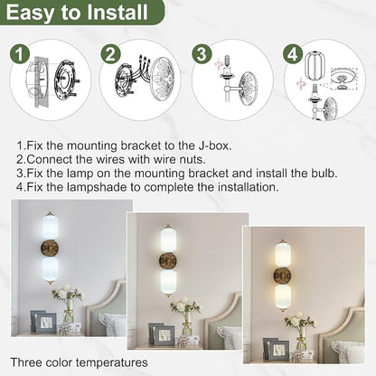 Vintage Milk Glass Bathroom Vanity Light, 2-Light Vintage Wall Sconce with Antique Brass Finish Base & Mint Blue Glass Shad, Wall Sconce Lighting for Mirror, Living Room, Gallery (Bulbs Included)