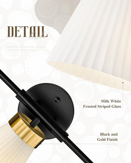 Bathroom Vanity Light, HWH 3-Light Wall Light Fixture for Bathroom Bedroom, Black and Gold Vanity Lights with Frosted Milk White Striped Glass, 5HZG97B-3W BK+BG