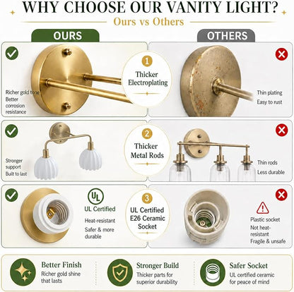 Brushed Gold 4-Light Vanlity Light Over Mirror,Wall Sconces,Gold Brass Bathroom Light Fixture with White Glass Flower Shade,E26(Bulbs Not Included)