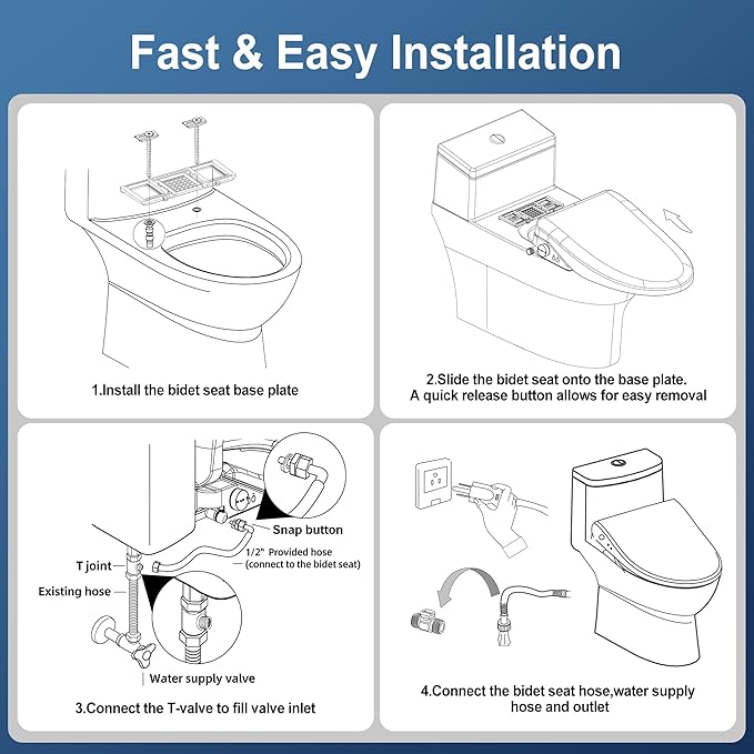 Electric Smart Bidet Toilet Seat with Remote Control, Heated Seat, Instant Warm Water & Air Dryer, Advanced Safety Features, Stainless Steel Nozzle, Slow Close Lid, Silent, Elongated, White