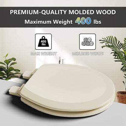 Angol Shiold Quiet-Close Molded Wood Toilet Seat with Non-Slip Adjustable Hinges, Anti-Pinch Bumpers, Easy Install & Clean（Biscuit, Round 16.5''）