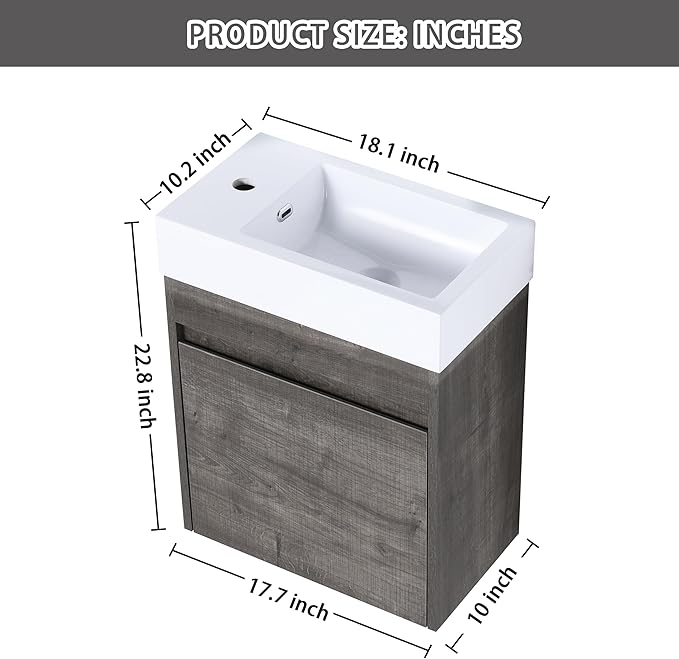 18" Wall-Mounted Floating Bathroom Vanity with Sink - Modern Vanity Cabinet for Small Bathrooms, Soft-Close Door & Waterproof Resin Countertop (Space-Saving Design)