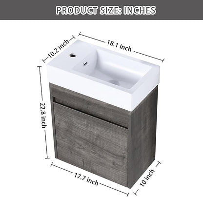 18" Wall-Mounted Floating Bathroom Vanity with Sink - Modern Vanity Cabinet for Small Bathrooms, Soft-Close Door & Waterproof Resin Countertop (Space-Saving Design)