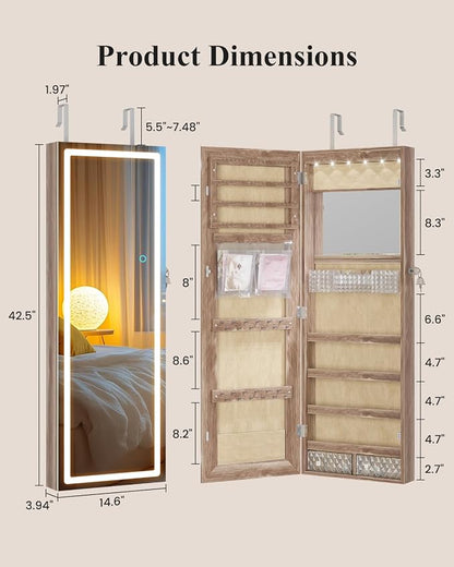 LVSOMT 42.5" Wall Mounted Jewelry Organzier with LED Mirror, Wood | Lockable Jewelry Cabinet for 30 Ring Slots, 96 Earring and 20 Necklace Hooks, Gift for Women, Girls