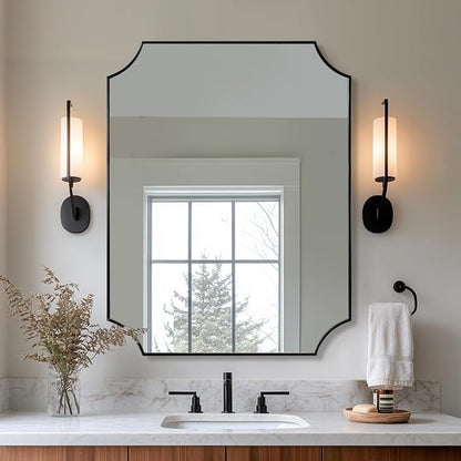 Bathroom Vanity Mirror, 28x36 Inch Matte Black Mirror, Modern Scalloped Mirrors for Bathroom, Unique Wall Mirror with Aesthetic Scalloped Corner Design