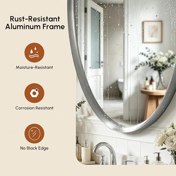 Brushed Nickel Oval Bathroom Mirror 20x28 Inch | Silver Vanity Mirror, Crystal-Clear HD Glass, Rust-Proof Aluminum Frame, Inner-Curved Decor for Bedroom, Entryway Renovation