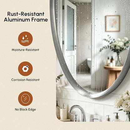 Brushed Nickel Oval Bathroom Mirror 20x28 Inch | Silver Vanity Mirror, Crystal-Clear HD Glass, Rust-Proof Aluminum Frame, Inner-Curved Decor for Bedroom, Entryway Renovation