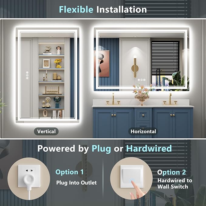 60x28 LED Bathroom Mirror with Lights, Backlit and Front Lit Anti-Fog Lighted Vanity Mirrors for Bathroom Wall, Dimmable, 3-Color Light, Memory, Shatter-Proof, HD Tempered Glass, CRI＞90