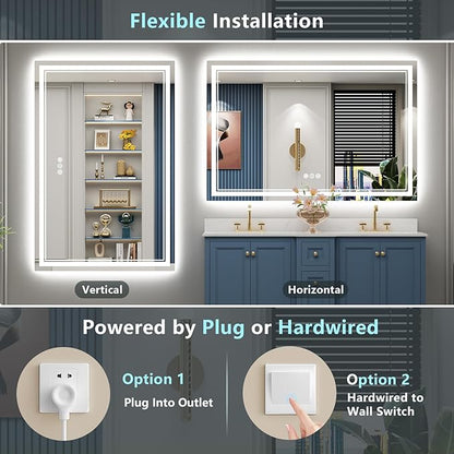 60x28 LED Bathroom Mirror with Lights, Backlit and Front Lit Anti-Fog Lighted Vanity Mirrors for Bathroom Wall, Dimmable, 3-Color Light, Memory, Shatter-Proof, HD Tempered Glass, CRI＞90