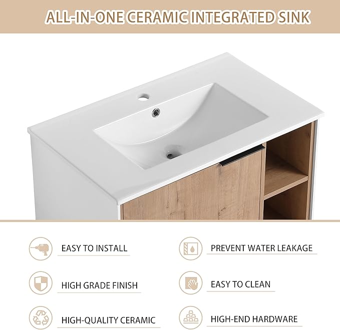 30 Inch Bathroom Vanity with Sink, 30" Floating Vanity, Plywood Wooden Bathroom Cabinet with Soft Close Door and Ceramic Sink, Open Shelf for Quick Access, Modern Wall Mounted Cabinet Set