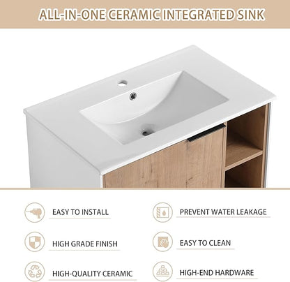 30 Inch Bathroom Vanity with Sink, 30" Floating Vanity, Plywood Wooden Bathroom Cabinet with Soft Close Door and Ceramic Sink, Open Shelf for Quick Access, Modern Wall Mounted Cabinet Set