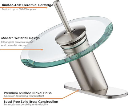 Waterfall Bathroom Sink Faucet Unique Brass Modern Circle Glass Waterfall Faucet for Basin Vanity Single Hole Pedestal Sink Faucets One Handle Corner Sink Bathroom Faucet, Brushed Nickel