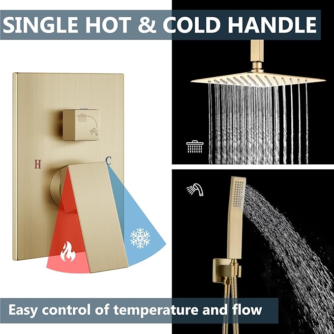 Aolemi Ceiling Mount Shower System Rain Shower Head with Handheld Spray High Pressure Shower Faucet Set Rough-in Valve Shower Trim Kit Included Bathroom Brused Gold 12 Inch Ceiling Shower Head