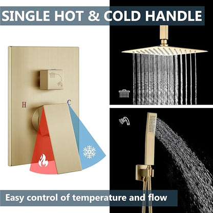 Aolemi Ceiling Mount Shower System Rain Shower Head with Handheld Spray High Pressure Shower Faucet Set Rough-in Valve Shower Trim Kit Included Bathroom Brushed Gold 10 Inch Ceiling Shower Head