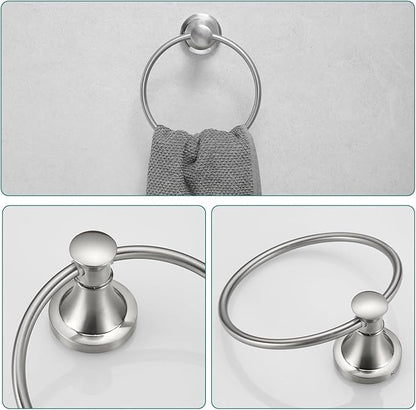Hoimpro Brushed Nickel 4-Piece Bathroom Bath Set, Wall Mount Bathroom Hardware Fixture (Adjustable Towel Bar Rack, Towel Ring Holder, Paper Towel Holder, Double Towel Hook), Bathroom Accessories
