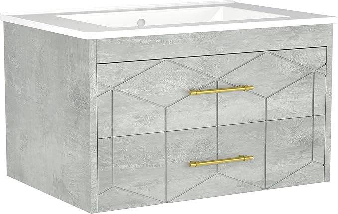 Garvee 30" Bathroom Vanity with Sink, Floating Bathroom Vanity with Ceramic Basin, 2 Large Storage Drawers with Gold Metal Handle, Modern Wall Mounted Bathroom Cabinet with Sink, Grey
