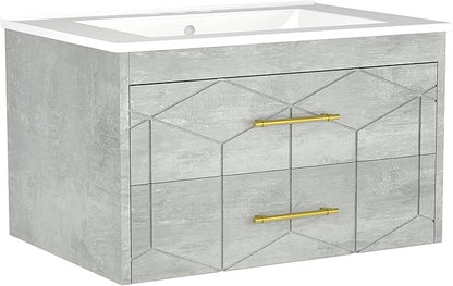 Garvee 30" Bathroom Vanity with Sink, Floating Bathroom Vanity with Ceramic Basin, 2 Large Storage Drawers with Gold Metal Handle, Modern Wall Mounted Bathroom Cabinet with Sink, Grey