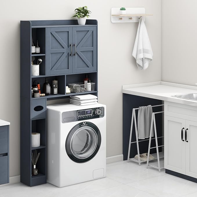 Vabches Over The Toilet Storage Cabinet with 2 Barn Doors, Blue | Farmhouse Storage Cabinet with Toilet Paper Holder Stand，Home Space-Saving Toilet Rack, for Bathroom, Restroom, Laundry