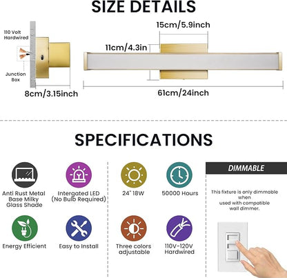 Modern LED Bathroom Vanity Light 24 inch 18W Dimmable 3CCT Bathroom Light Fixture Over Mirror Rectangle Bath Vanity Light Bar with Double Layer Acrylic Shade (Golden)