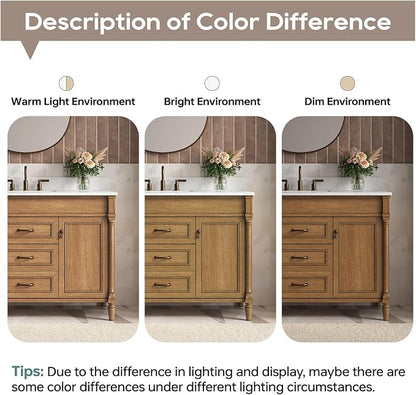 48 Inch Bathroom Vanity with Sink Combo, Classic Bathroom Cabinet with Countertop & Backsplash, Solid Wood Vanity with Soft Closing Doors & Dovetail Drawers, Ceramic Sink, Light Walnut