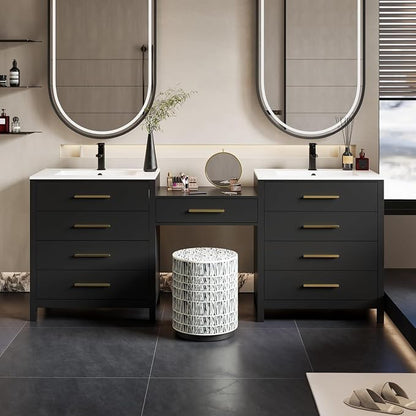 eclife 84" Bathroom Vanity Sink Combo, Modern Painted Vanities Storage Cabinet with 24" Mid Makeup Vanity Desk, 30" Dual White Basins, Faucets & Drains, Black
