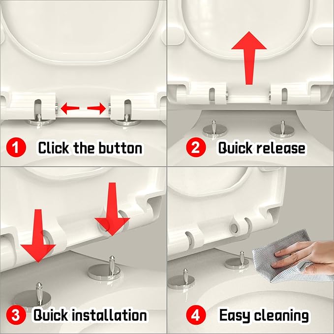 Round(Standard) Toilet Seat, Quick-Attach Hardware Metal Hinges, Heavy Duty, Slow Soft and Quiet Close, Durable and Sturdy, Easy to clean, Fits Round(Standard) Toilets, Almond/Bone(16.5″)