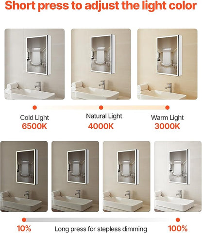 VEVOR Lighted Medicine Cabinet with Mirror, 24 x 32 in Recessed or Wall Mount, 3 Color Dimmable LED Bathroom Medicine Cabinet with Magnifying Mirror, Adjustable Shelve Storage, Memory Defog Function