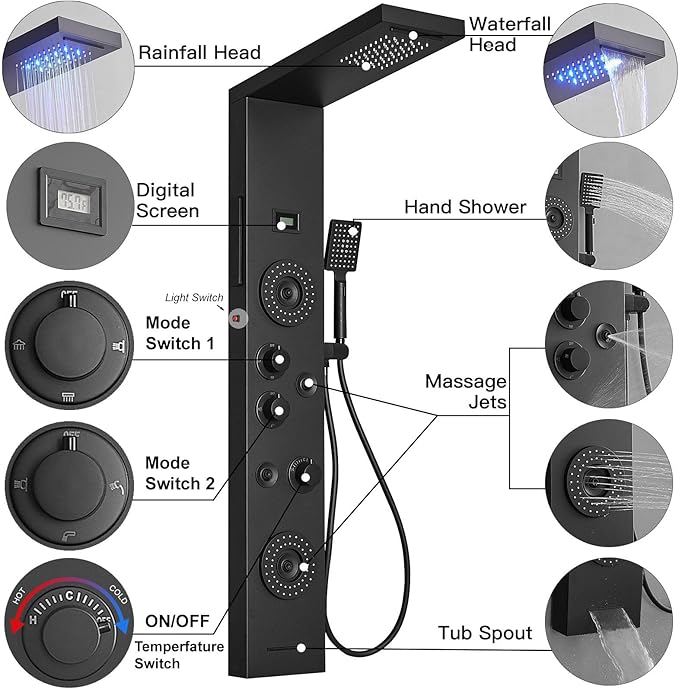 Shower Panel LED Rainfall Waterfall Shower Head Light Bathroom Shower Panel Tower System Rain Massage 6-Functions with Handheld Shower Tub Spout Body Jet Temperature Display Wall Mount