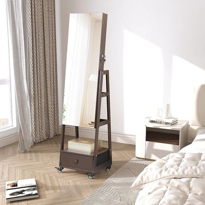 Jewelry Armoire Organizer 62 Inch Full Length Mirror with Standing Mirror Jewelry Cabinet Lockable Jewelry Storage Cabinet With Drawer Wheels Brown