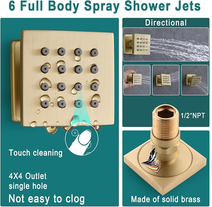 HOMEDEC LED Full Body Rain Shower System with 6pcs Body Jets Spray with（Up/Down ）Shower Spout, Large 3 In 1 Functions 14x20inch Showerhead, Rainfall Mist Shower Faucet Set Complete, Brushed Gold