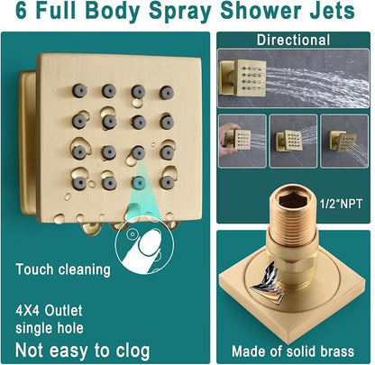 HOMEDEC LED Full Body Rain Shower System with 6pcs Body Jets Spray with（Up/Down ）Shower Spout, Large 3 In 1 Functions 14x20inch Showerhead, Rainfall Mist Shower Faucet Set Complete, Brushed Gold