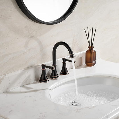 Oil Rubbed Bronze 8 inch Widespread Bathroom Sink Faucet 3 Holes with Pop-Up Drain, 2 Handle Modern Bathroom/Vanity/Lavatory Faucet with Brass 360° Swivel Spout, TAF830Y-ORB