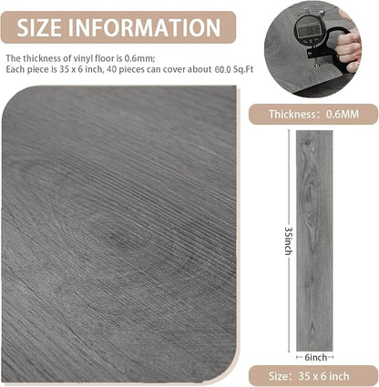 Peel and Stick Floor Tile Wood Plank Look, Self-Adheisve Vinyl Flooring | Grey, 40-Pack 60 Sq.Ft, Floor Tiles Peel and Stick Waterproof for Bathroom Kitchen RV Renter, 36x6inch