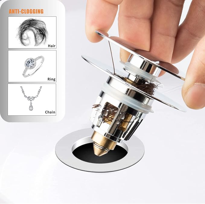 Universal Bathroom Sink Drain Stopper, Fits Most Pop-Up Drains for Vessel Sink Lavatory Vanity, Sink Drain Strainer with Detachable Hair Catcher, Tested by Plumber in US (Chrome Plated)