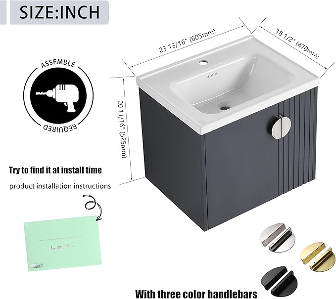 24 Inch Bathroom Vanity with Sink, 24" Floating Vanity with White Glossy Ceramic Sink, Plywood Wooden Bathroom Cabinet with Soft-Close Doors, Modern Wall Mounted Cabinet Set (Blue Black)