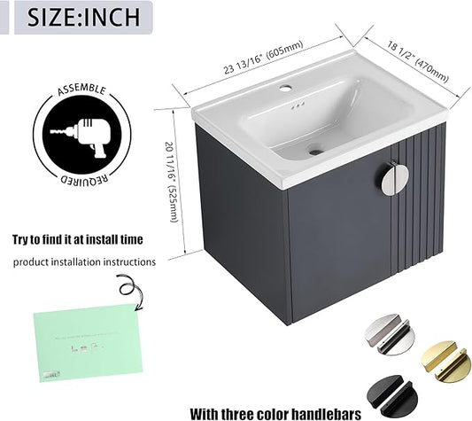 24 Inch Bathroom Vanity with Sink, 24" Floating Vanity with White Glossy Ceramic Sink, Plywood Wooden Bathroom Cabinet with Soft-Close Doors, Modern Wall Mounted Cabinet Set (Blue Black)