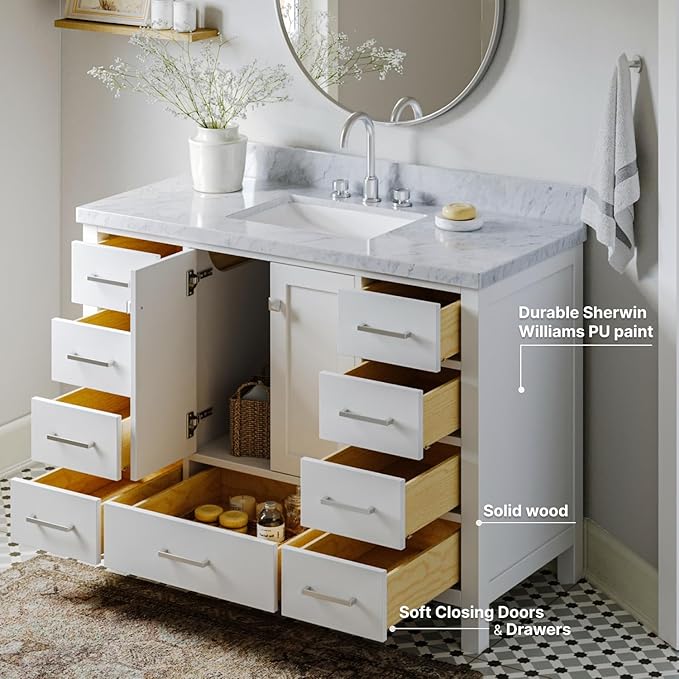 ARIEL Cambridge 48-inch Bathroom Vanity with Sink,Solid Wood, 1.5-inch Italian Carrara Marble Countertop, Single Rectangular Porcelain Sink, 2 Soft Closing Doors, 9 Dovetail Drawers, White