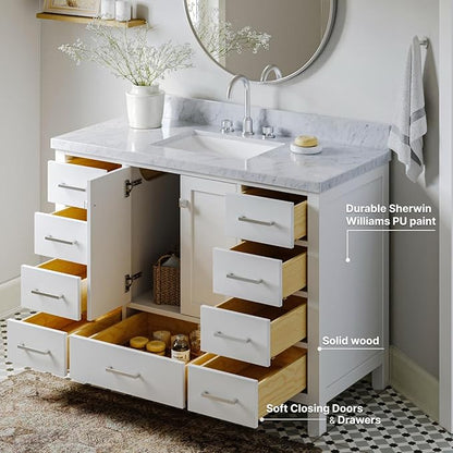 ARIEL Cambridge 48-inch Bathroom Vanity with Sink,Solid Wood, 1.5-inch Italian Carrara Marble Countertop, Single Rectangular Porcelain Sink, 2 Soft Closing Doors, 9 Dovetail Drawers, White